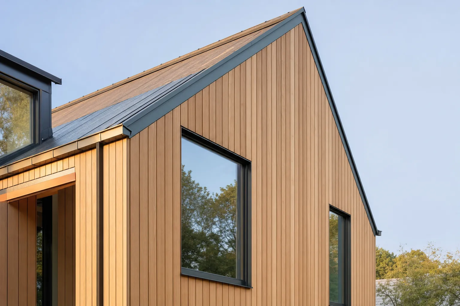Zimmerer von Blang Holzbau montiert eine senkrechte Lärchen-Holzfassade an einem Wohnhaus in Luxemburg